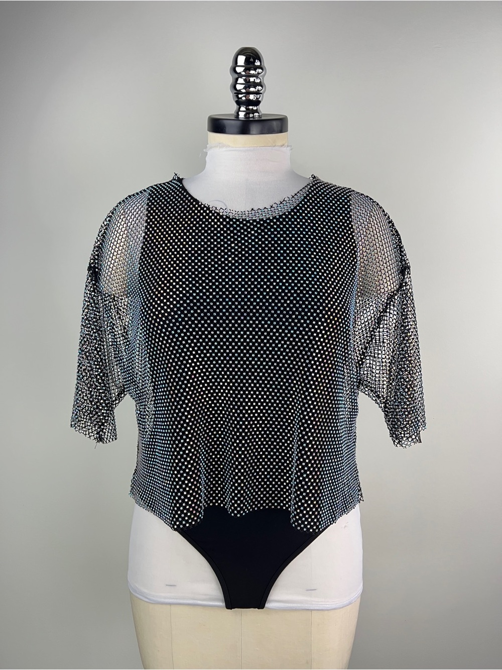 💚 3693. Black Sheer Rhinestone Mesh Top & Bodysuit
